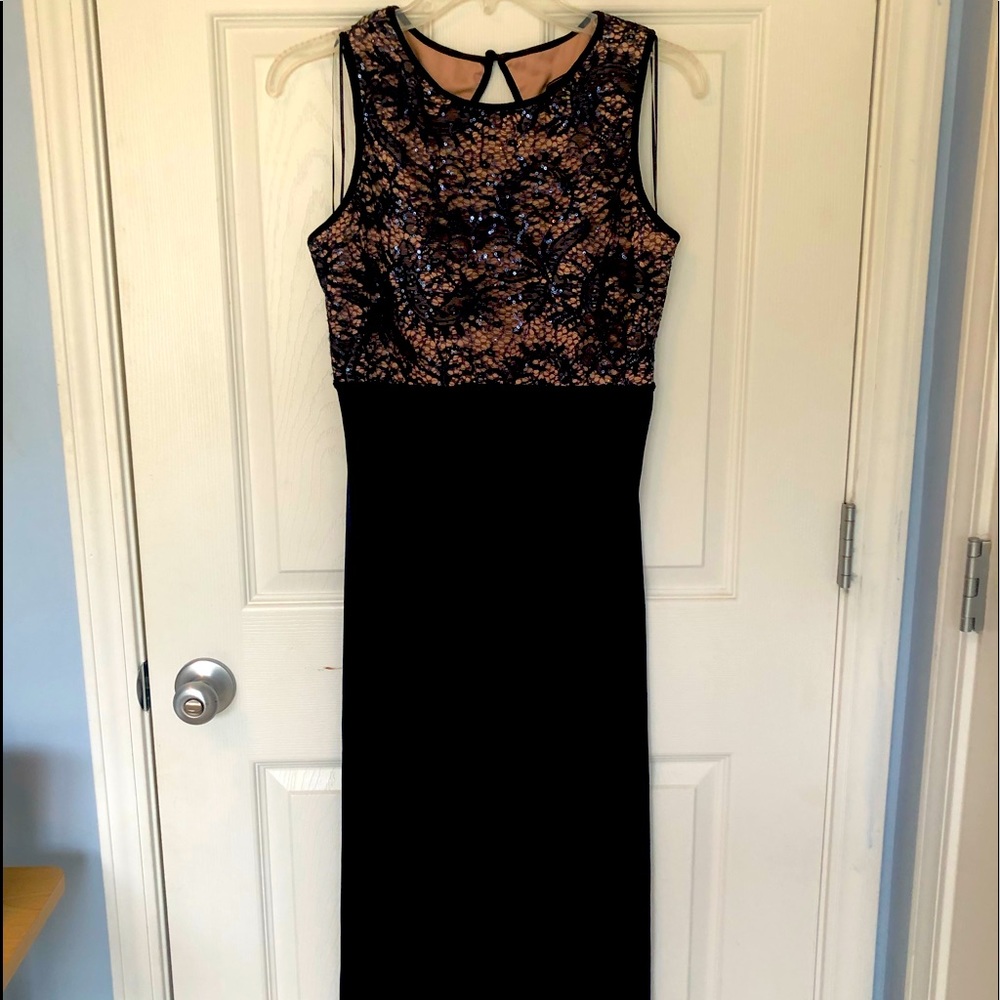Formal navy and nude lace velour formal gown